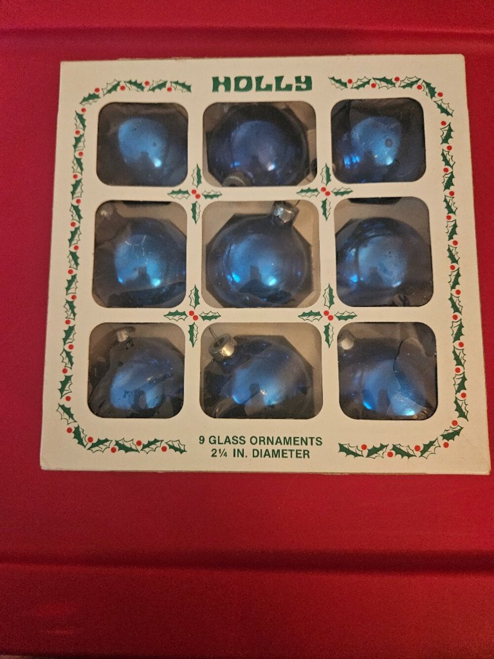 Vintage Holly Brand Glass Christmas Ornaments (Box of 9) 2 1/4" Diameter (Blue)